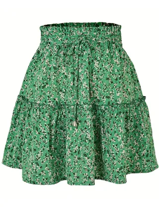 Women's Summer Cute High Waist Ruffle Skirt Floral Print Swing Beach Mini Skirt Green 