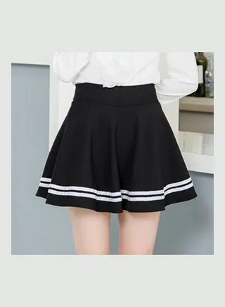 High Waist Stripes Pleated Stretchy School Mini Skirt Black 