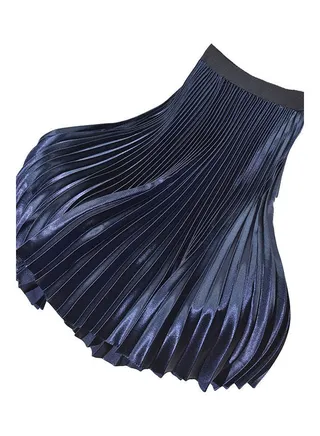 High Waist Elastic Band Maxi Long Pleated Skirt Navy Blue 