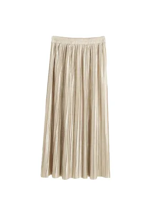 New Brief Europe Pleated Skirt Solid Color High Waist Elasticated Waistband Lined Midi Skirt Beige 