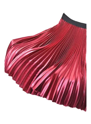 High Waist Elastic Band Maxi Long Pleated Skirt Wine Red 