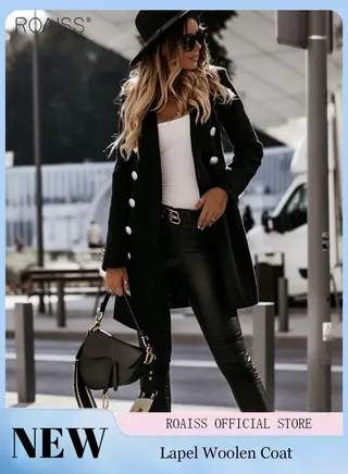 Women's Fashion Lapel Woolen Coat Double Breasted Suit Collar Jacket Long Sleeved Retro British Coat 