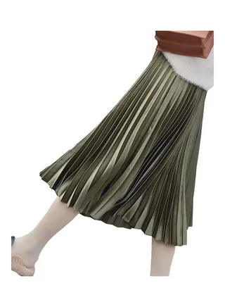 High Waist Elastic Band Maxi Long Pleated Skirt Army Green 