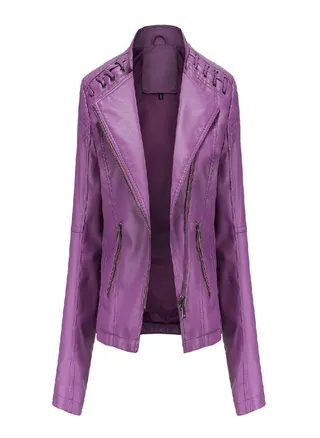 Women's  Autumn and Winter Faux Leather Jacket Women's Short Jacket Lapel Slim Thin Leather Coat Women's Motorcycle Suit 