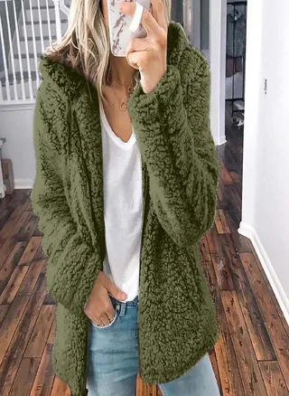 Womens Zip Up Jackets Fleece Fuzzy Hoody Coats Casual Long Sleeve Outerwear Cardigan With Pockets 