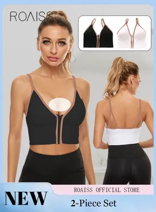 2 Pack of Sports Knit Bra Front Zipper Sports Vest Without Steel Ring Suspenders Wrapped Chest Strap Chest Pad Morandi Color for Women 