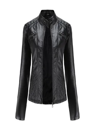 Spring and Autumn Women's Fashion Leisure Stand Collar Leather Jacket European and American Slim Fit Solid Color Jacket 