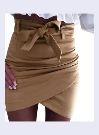 Solid Colour Slim High Waist Bandage Belt Mini Skirt Khaki 