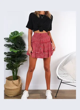 Printed High Waist Mini Skirt Red 