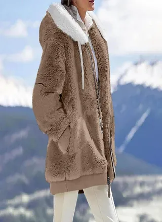 Womens Fashion Soild Winter Loose Plush Long Sleeve Zipper Pocket Hooded Coat 