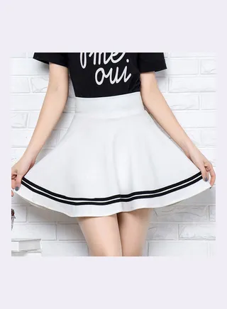 High Waist Stripes Pleated Stretchy School Mini Skirt White 