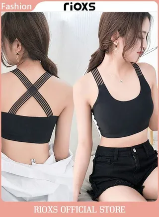 Women Sports Bra Wrapped Chest Seamless Athletic Strappy Bra Padded Criss-Cross Back Bra With Removable Cups Black 