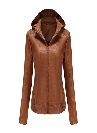Hooded Leather Jacket Women 'S Zipper Long Sleeve Fleece Leather Jacket European Size Slim Coat 
