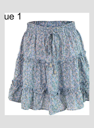 Bohemian Flower Print Ruffled A Line Skirt Blue 