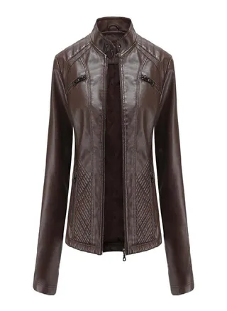 Spring and Autumn Women's Fashion Leisure Stand Collar Leather Jacket European and American Slim Fit Solid Color Jacket 
