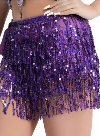 Sequin Fringe Waist Chain Skirt Sparkly Belly Dance Tassel Waist Wrap Belt Skirts Party Rave Costume Purple 