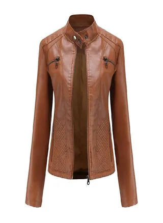 Spring and Autumn Women's Fashion Leisure Stand Collar Leather Jacket European and American Slim Fit Solid Color Jacket 