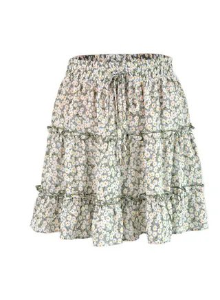 Bohemian Flower Print Ruffled A Line Skirt Green 