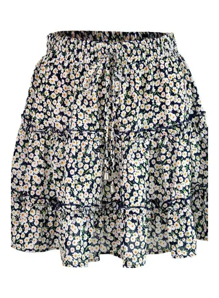 Bohemian Flower Print Ruffled A Line Skirt Navy Blue 