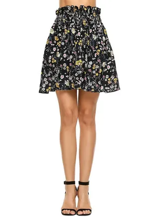 Prints Ruffle Elastic Waist A-Line Pleated Mini Skirt Black 