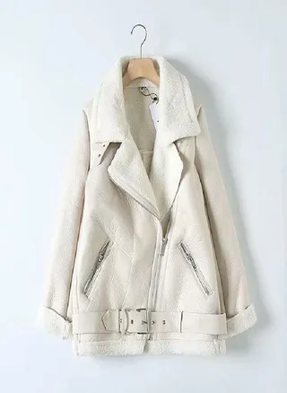 Tpirckvi Women Beige Faux Leather Jacket Coat With Belt Turn Down Collar Ladies Winter Thick Warm Oversized Coat Clothing 