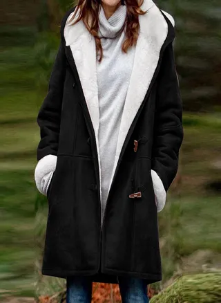 Women's Casual Fashion Loose Solid Color Hat Plus Fleece Collar Pocket Jacket Winter 