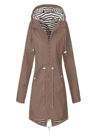 Women Solid Rain Jacket Outdoor Plus Size Waterproof Hooded Windproof Loose Coat 