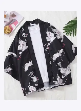 Casual Men Flying Sleeve Kimono Cardigan Yukata Coat Shirt Black 