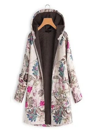 Ladies Long Sleeve Zipper Hooded Thick Composite Plush Vintage Flower Print Plus Size Hooded Jacket 