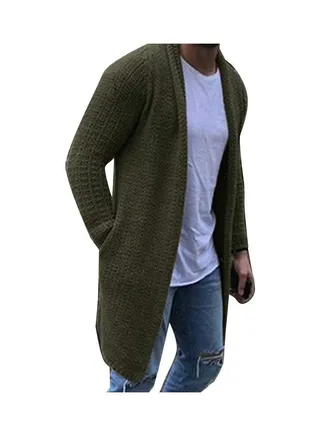 Fashion Men Solid Colour Open Front Knit Sweater Loose Pocket Army Green 