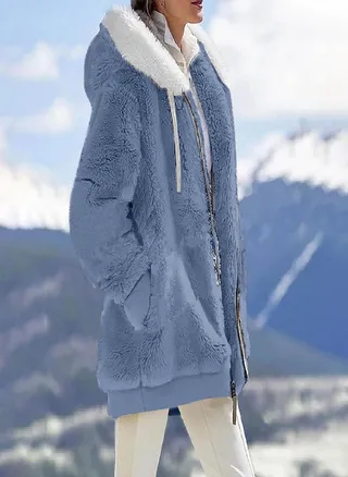 Womens Fashion Soild Winter Loose Plush Long Sleeve Zipper Pocket Hooded Coat 