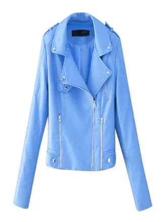 Womens Casual Solid Color Lapel Zipper Long Sleeve Leather Jacket Coat 