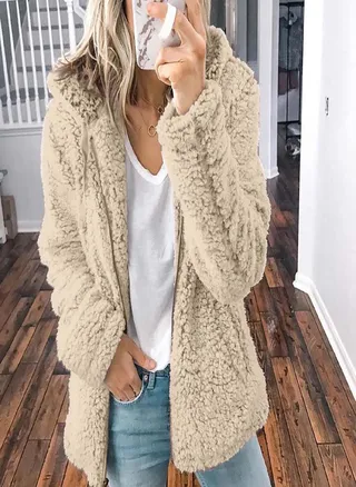 Womens Zip Up Jackets Fleece Fuzzy Hoody Coats Casual Long Sleeve Outerwear Cardigan With Pockets 