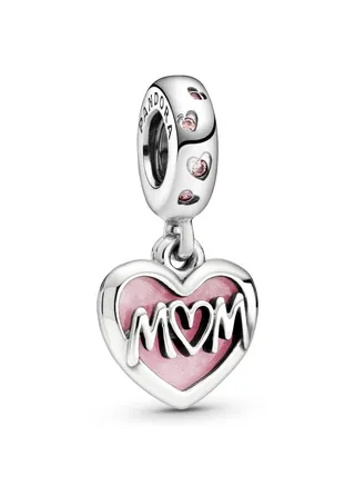 PANDORA Jewelry Mom Script Heart Pendant in Sterling Silver with Pink Enamel and Cubic Zirconia 
