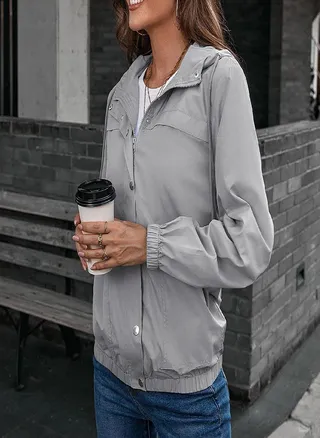 Women's Fashion-Simple Solid Color Outdoor Sports Single-breasted Pocket Windproof And Rainproof Hooded Windbreaker Pocket  Jacket 