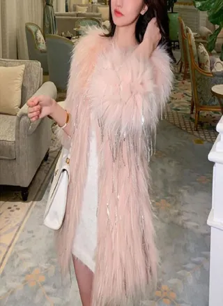 Tassel Raccoon Fur Woven Rhinestone Faux Fur Coat Women's Mid-length Autumn Winter New Faux Fox Fur Coat 