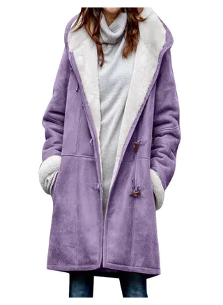 Women's Casual Fashion Loose Solid Color Hat Plus Fleece Collar Pocket Jacket Winter 