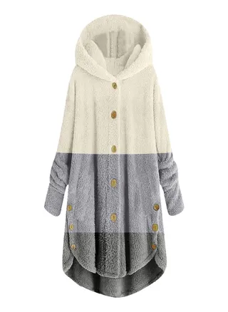 Women Plus Size on Plush Tops Hooded Patchwork Loose Cardigan Wool Coat Winter Jacket 