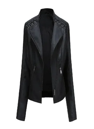 Women's  Autumn and Winter Faux Leather Jacket Women's Short Jacket Lapel Slim Thin Leather Coat Women's Motorcycle Suit 