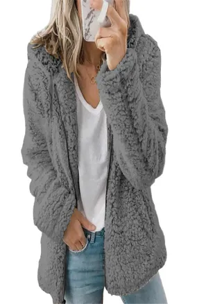 Coats for Women Wool Fur Fluffy Furry Coat Fleece Jackets Hooded Long Sleeve Winter Warmer Plush Fleece Cardigan 