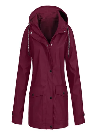 Women Solid Stripe Rain Jacket Outdoor Plus Waterproof Hooded Raincoat Windproof 
