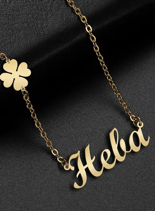 Women's necklace, clover flower pendant, chain with English name pendant, 925 silver, gold plated, Heba name 