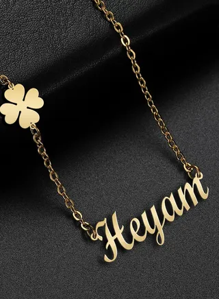 Women's necklace, clover flower pendant, chain with English name pendant, 925 silver, gold plated, Heyam name 