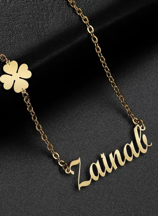 Women's necklace, clover flower pendant, chain with English name pendant, 925 silver, gold plated, Zainad name 