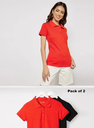 Women's Casual Comfortable Regular Fit Polo Neck T-Shirt Short Sleeves in Premium Bio Washed Cotton Red/Black 
