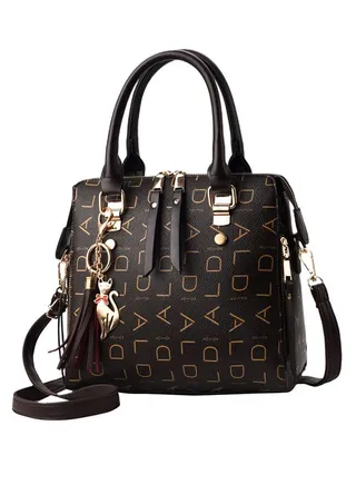 Letter Printed Satchel Bag With Keychain Black 