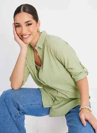 Oversized Roll-Up Sleeve Crepe Longline Shirt 