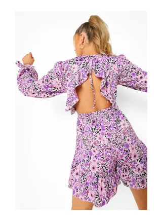 Floral Tie Sleeve Open Back Playsuit 