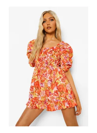 Floral Print Puff Sleeve Ruched Playsuit 
