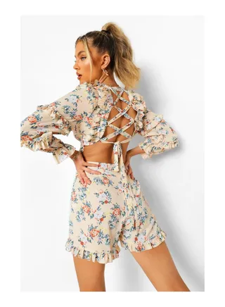 Floral Lace Up Back Cut Out Playsuit 